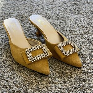 Crystal-Buckle Pointed Toe Mule in Mustard - Women's Slip-On Heel